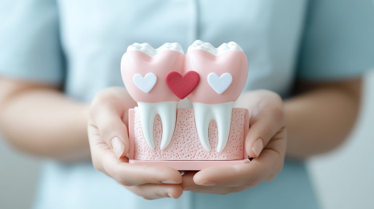 Model holding a dental display with hearts, symbolizing the connection between oral health and heart disease.