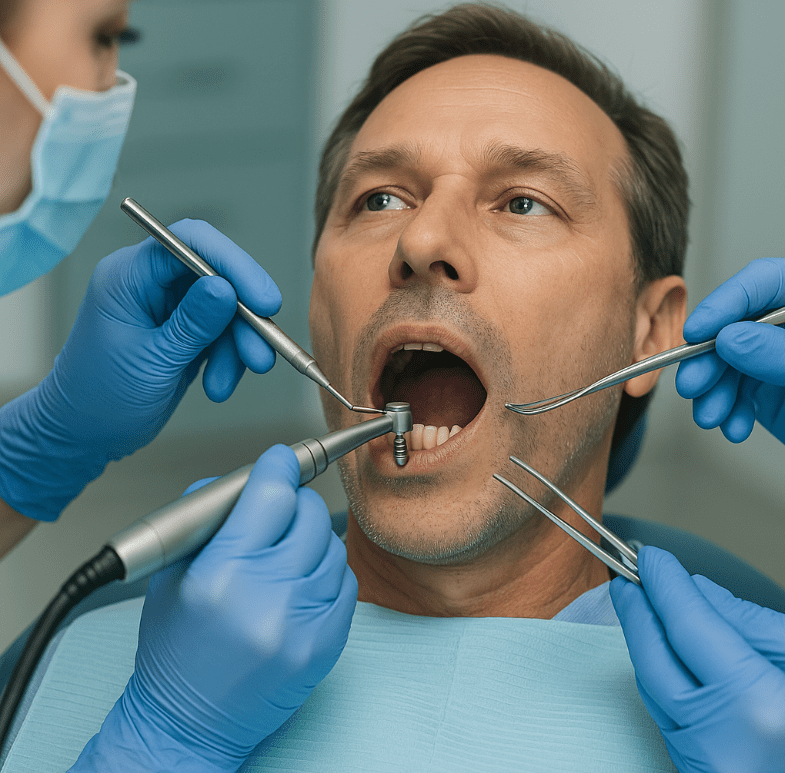 Patient undergoing dental implant surgery with multiple dental tools in use.